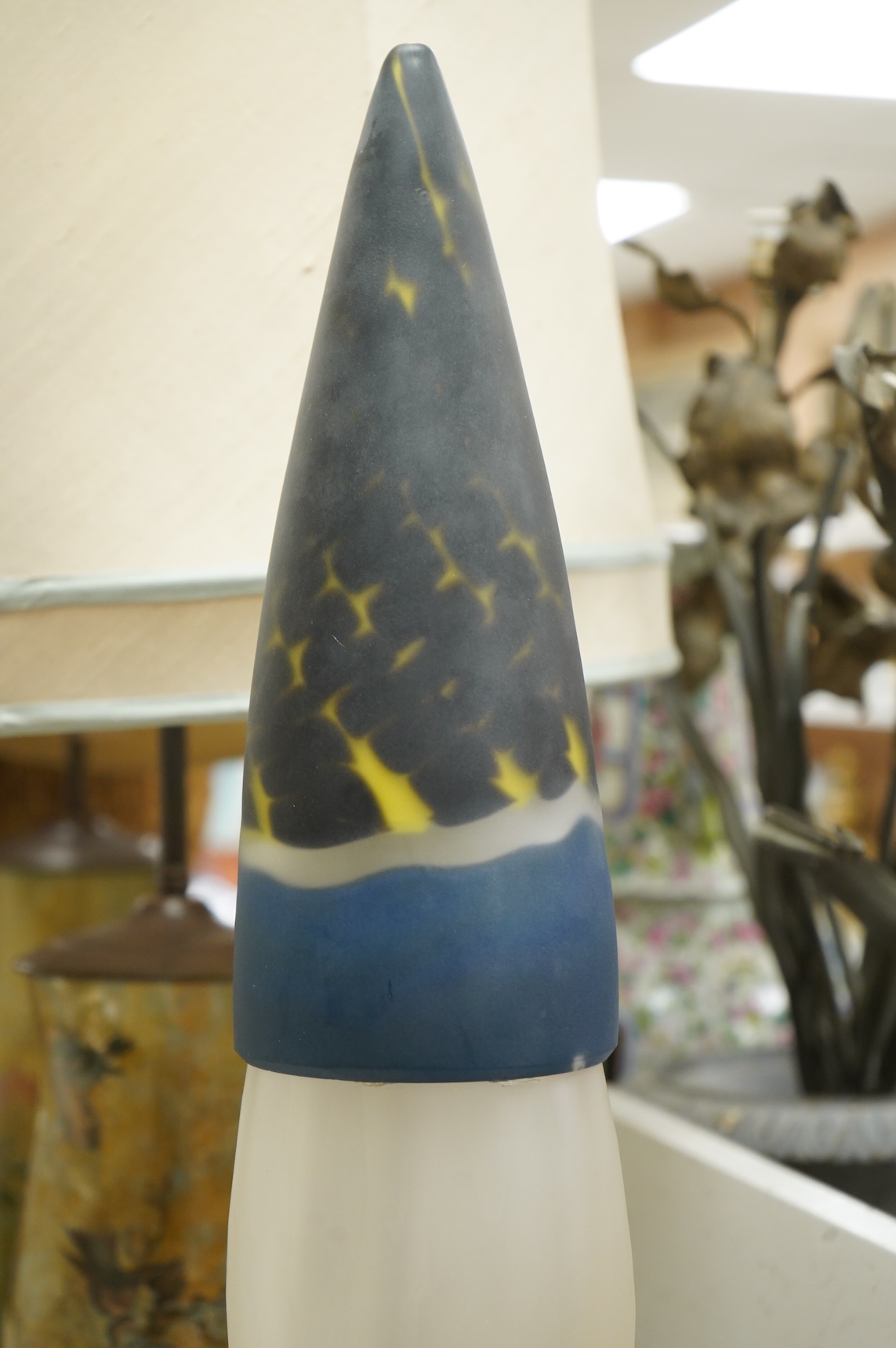 A sculptural coloured glass table lamp, signed DSR - 73cm high